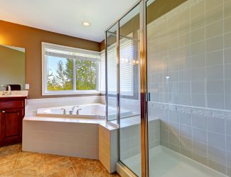 Bathroom Interior With Corner Bath Tub And Screened Shower