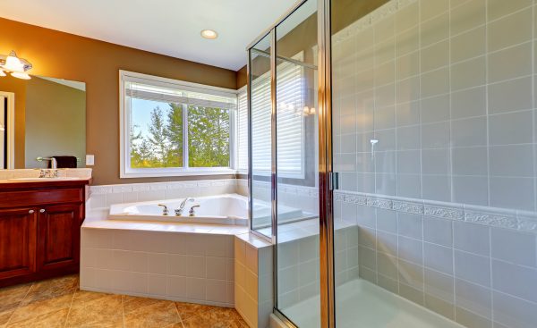 Bathroom Interior With Corner Bath Tub And Screened Shower