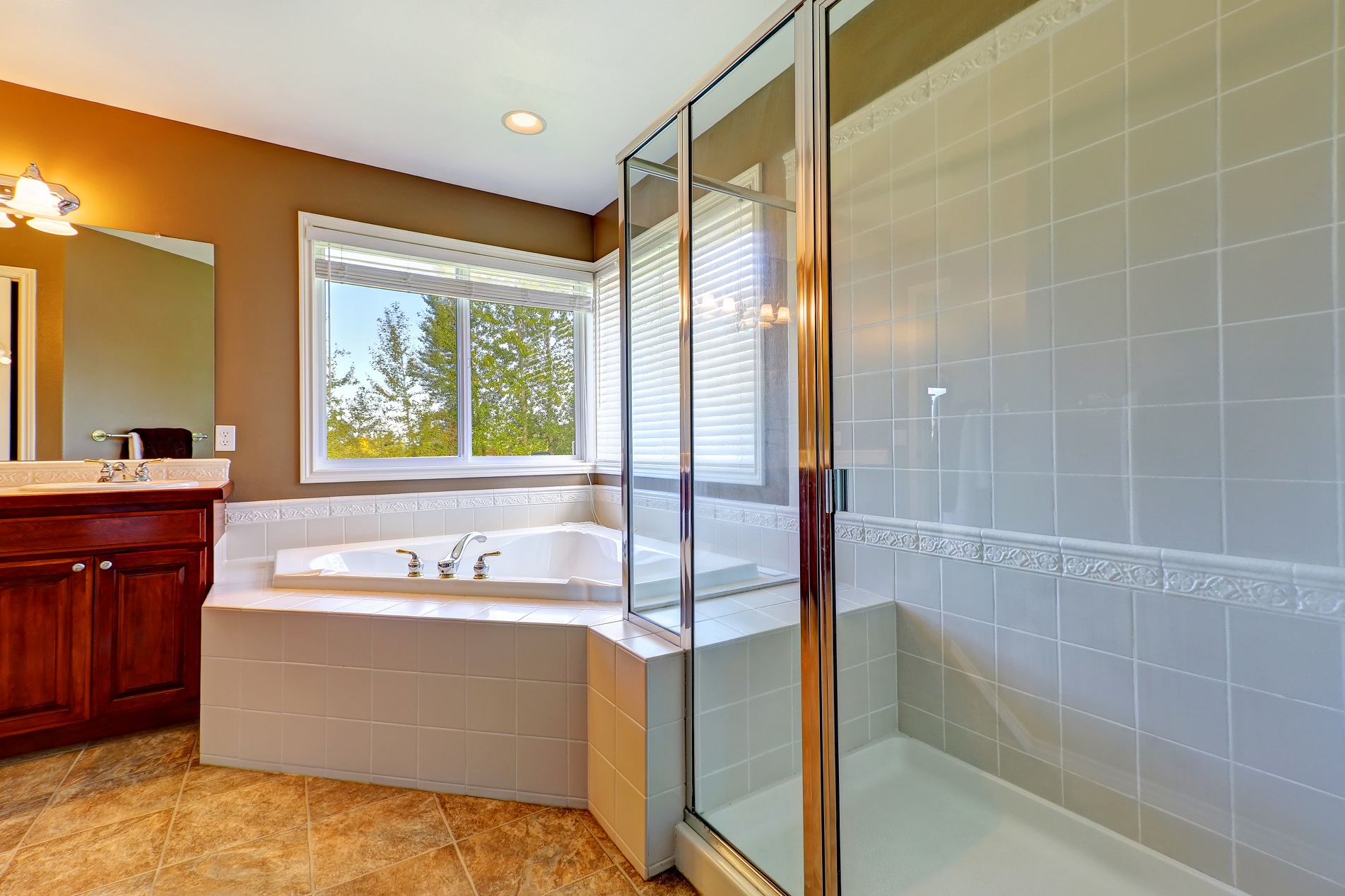 Bathroom Interior With Corner Bath Tub And Screened Shower